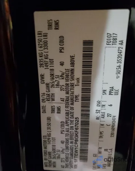 2016 Ford F150 Supercrew from USA, damaged, VIN 1FTEW1CP8GKF67025